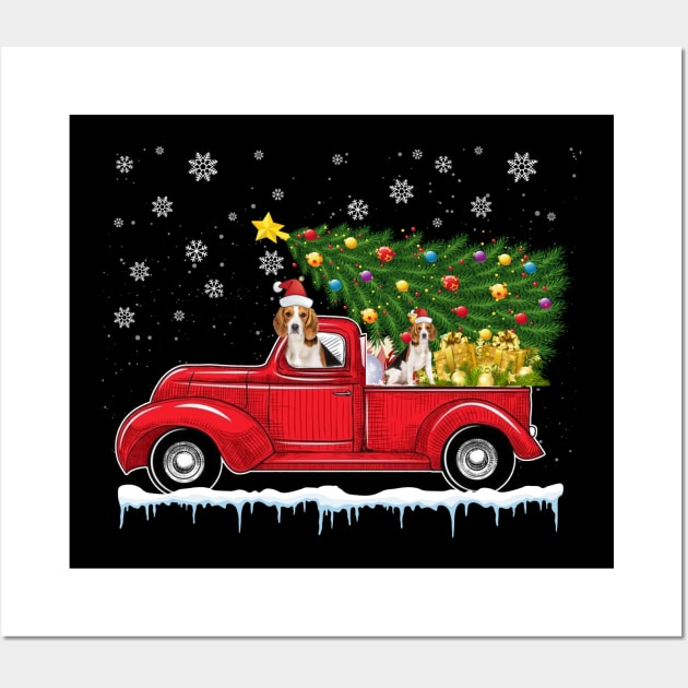 Red Truck pick up Beagle Christmas  lover gift T-Shirt Wall Art by CoolTees